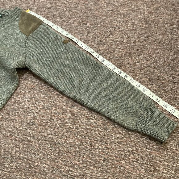 WoolOvers Men's Small Grey Wool Sweater V Neck Jumper With Leather Suede Patches - Picture 8 of 9